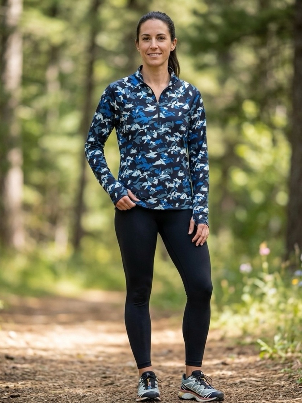 🔴 L.L.Bean Access Trail Quarter Zip Pullover Blue Geometric Print Medium EUC